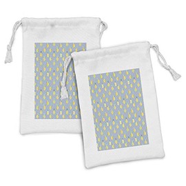 Lunarable Pineapple Fabric Pouch Set of 2, Blue and White Vertical Striped Backdrop with Tropical Fruits 80s 90s Memphis, Small Drawstring Bag for Toiletries Masks and Favors, 9" x 6", Multicolor