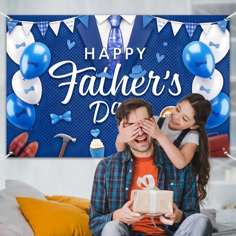 Happy Fathers Day Banner Decorations 5.9×3.6Ft Blue Suit Tie Happy