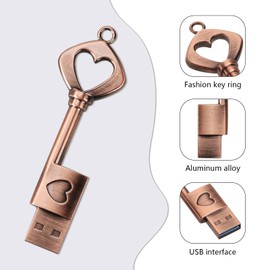 USB Flash Drive, 16GB / 32GB / 64GB /128GB USB 3.0 Metal USB Memory Stick Date Storage Pendrive Thumb Drives (Heart Key, 64, GB)