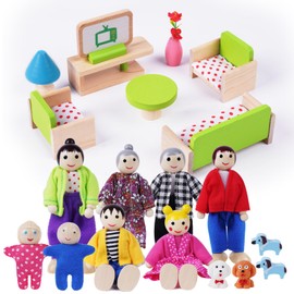 HOTUT Dollhouse Furniture Set Made of Wood, 20 Pieces Dollhouse Furniture with 8 Doll Families, Mini Dollhouse Furniture Dollhouse Accessories, Role Play Toy for Children Game Gift