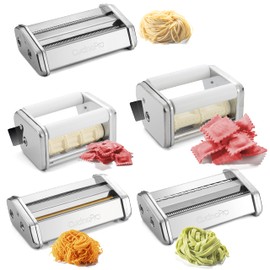 Ultimate Pasta Machine Attachment Set- Includes 5 Different Cutters for Homemade Spaghetti, Fettucini, Ravioli, Angel Hair- Compatible w CucinaPro & other Makers- Pasta Cooking Made Easy- Holiday Gift