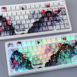 JOMKIZ Ink Painting Keycaps, Red Plum Blossom Landscape Cherry Profile Custom Keycap Set, 130-Key PBT Side-Printed Shine-Through Keycaps for Mechanical Keyboards