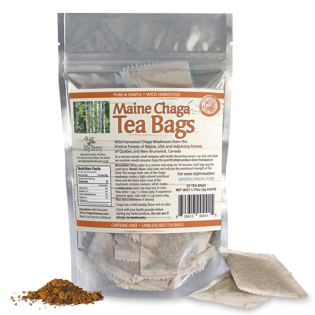 Maine Chaga Tea Bags, Wild Harvested & Pesticide Free, 25 Bleach-Free Bags, Not Imported Chaga But Grown In Maine, USA And Our Neighboring Forest Of New Brunswick, Canada