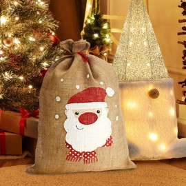 COM-FOUR® Jute Christmas Sack - Large Gift Bag for Christmas - Jute Sack with Print of Santa Claus, Snowman or Reindeer [Selection Varies]