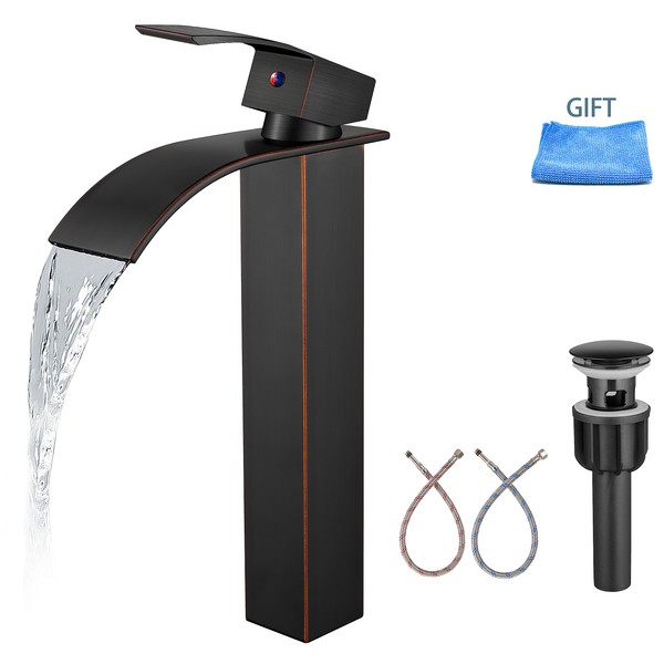 Aolemi Vessel Sink Faucet Waterfall Oil Rubbed Bronze Tall Bathroom Faucet Single Handle 1 Hole Deck Mount Lavatory Vanity RV Mixer Tap Pop Up Drain Included