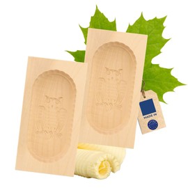 2 x Hofmeister® butter mould for 250 g butter, 19 cm, owl, hand-carved in Germany, butter shape for decorating, square camber shape, butter model made of local maple wood