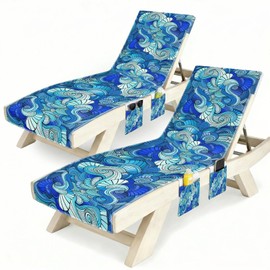 Britown Lounge Chaise Chair Towel Covers (Pack of 2), Beach Chair Cover with 3 Pockets for Pool Outdoor Beach Garden Patio Trips,85 X30 in (Blue Modern)