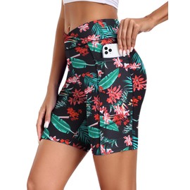 Ekouaer Swim Shorts Women High Waisted Swimming Bottoms Tummy Control Swimsuits Board Beach Shorts Floral Print, S Multicolor