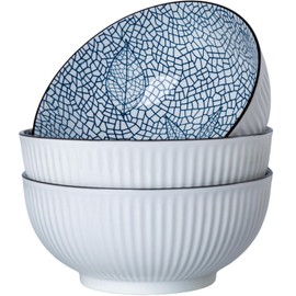 Yuanlity 60 oz Large Soup Bowls, Pho Bowls, 8 Inch Blue and White Ceramic Japanese Ramen Bowls Set of 3 - Leaf Pattern