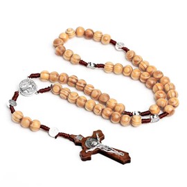 IS Holy Cross Catholic Orthodox Prayer Rosary Beads Wooden Handcrafted 5 decade Rosary with Holy Jesus Crucifix Cross and St Benedict Medals - 01 LWD