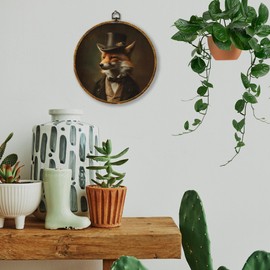 Hiuwevt Retro Fox Round Wall Art Decor, Vintage Dark Academia Fox Framed Canvas Prints, Retro Renaissance Animal Round Wall Hanging Decor for Home Living Room Decorations, 10x10 Inches