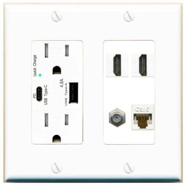 RiteAV 1 Port CAT6 Coax 2 HDMI Jack Wall Plate - USB A+C Outlet [White]