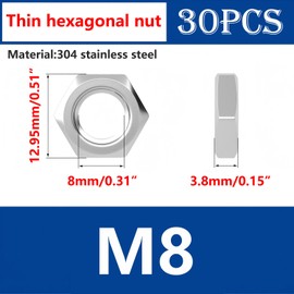 Ctyjia 30 PCS Hex Thin Nuts M8 Locking Nuts, 304 Stainless Steel Hex Nuts, Hardware Nuts for Lndustrial Construction Fasteners
