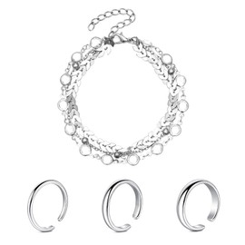Toe Ring and Anklet Set 2mm/3mm/4mm Classic Plain Toe Ring Adjustable Open Finger Knuckle Ring and Bracelet Silver Rose and Gold