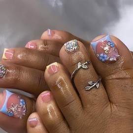 French Tips Press on Toenails Short Square Fake Toe Nails Full Cover 3D Handmade Diamond Flower Butterfly Acrylic False Toenails Summer Stick on Toenails Cute Toe Nails Press ons for Women Daily Wear