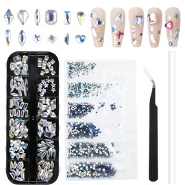 BQAN 120 PCS Multi Shapes Rhinestones for Nails + 1728 PCS Nail Flatback Rhinestones Set, Crystal AB Rhinestones Gems Nail Crystals with Picker, Tweezers, for Nail Art Crafts (Sky Blue)