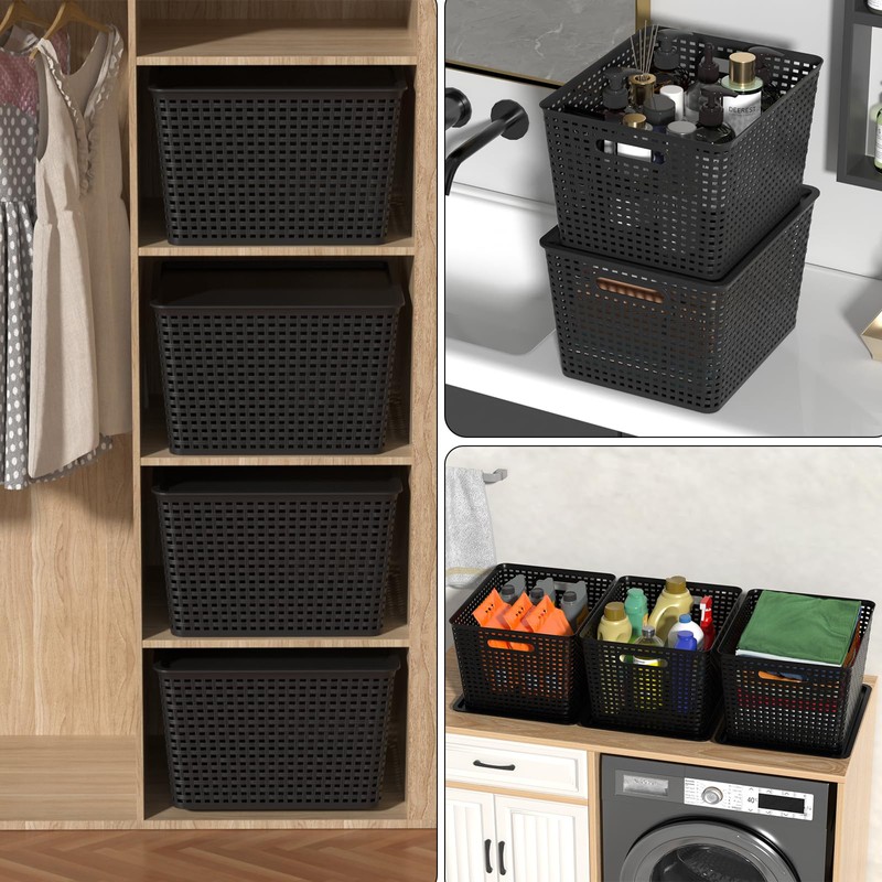 Morcte 6-Pack Black Stackable Plastic Storage Baskets with Lids