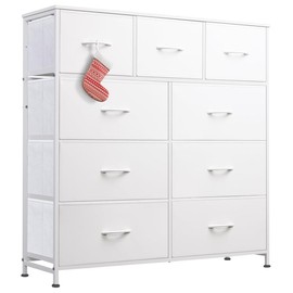 Fabric Storage Tower with 9 Drawers, Bedroom Drawer Dresser Organizer, Chest of Drawers with Fabric Bins, Steel Frame and Wood Top:_White