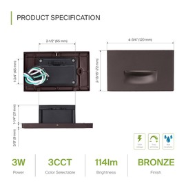 ASD LED Recessed Step Light Fixture, Outdoor & Indoor Stair Tread Lighting | 3CCT, Dimmable, Waterproof, ETL Listed | 3W 120LM 3000K-5000K 120V | Staircase Hardwired Illumination | Dark Bronze