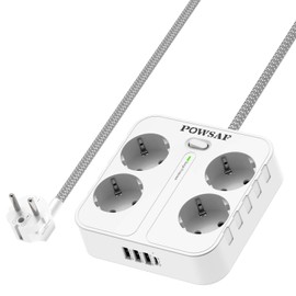 POWSAF 4 Way Power Strip with Four USB Charging Ports Wall Mounted for Home and Office - White