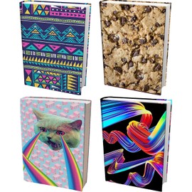 Easy Apply Stretchable Book Cover 4 Pack. Cool Design Jumbo Jackets Fit Hardcover Textbooks Up to 9" x 11". Adhesive-Free, Nylon Fabric Protectors. Washable, Reusable Student School Supply
