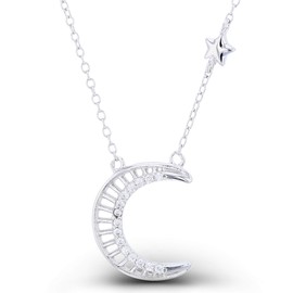 Sterling Silver Cresent Moon Necklace For Women | AAA Cubic Zirconia | Stars Station 16+2" Chain Choker For Women