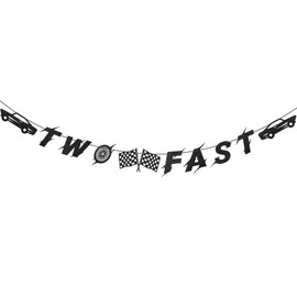 Two Fast Banner, Pre-Strung Two Fast Sign Backdrop Reusable Race Car 2nd Birthday Decorations Checkered Flag Racing Theme Party Decor Photo Prop for Boys Car Lover