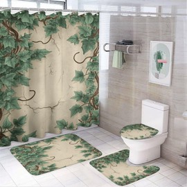 4Pcs Nature Ivy Vine Leaf Wall Shower Curtain 72W X 72L, Toilet Lid Cover Non-Slip Rugs and U-Shaped Mat, Rustic Crack Green Bathroom Decor Set with 12 Hooks