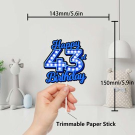 Decoración de decoración para tartas de cumpleaños 43 con purpurina azul, suministros de decoración para fiestas locas, para hombres y mujeres, feliz cumpleaños, 43 aniversarios