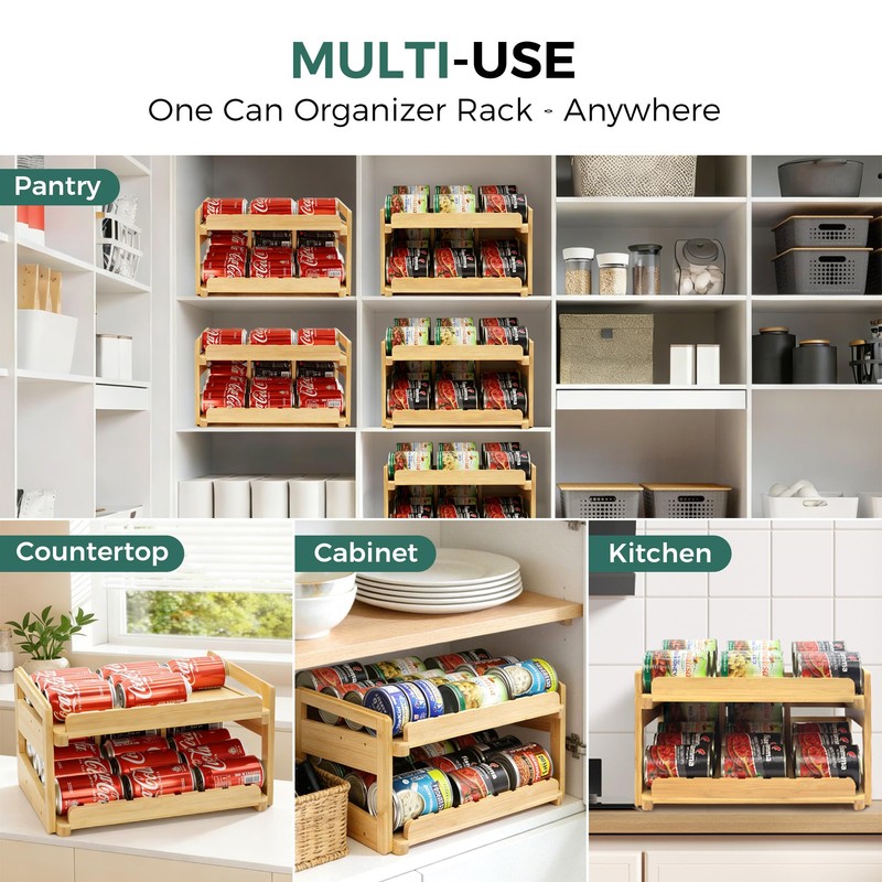 MinBoo Adjustable Can Organizer Rack, Two Tier Bamboo Stackable FIFO