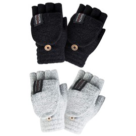 YSense Womens Winter Gloves, 2 Pack Warm Wool Knitted Convertible Fingerless Gloves for Women Gifts with Mittens Cover Cap,Black&Grey