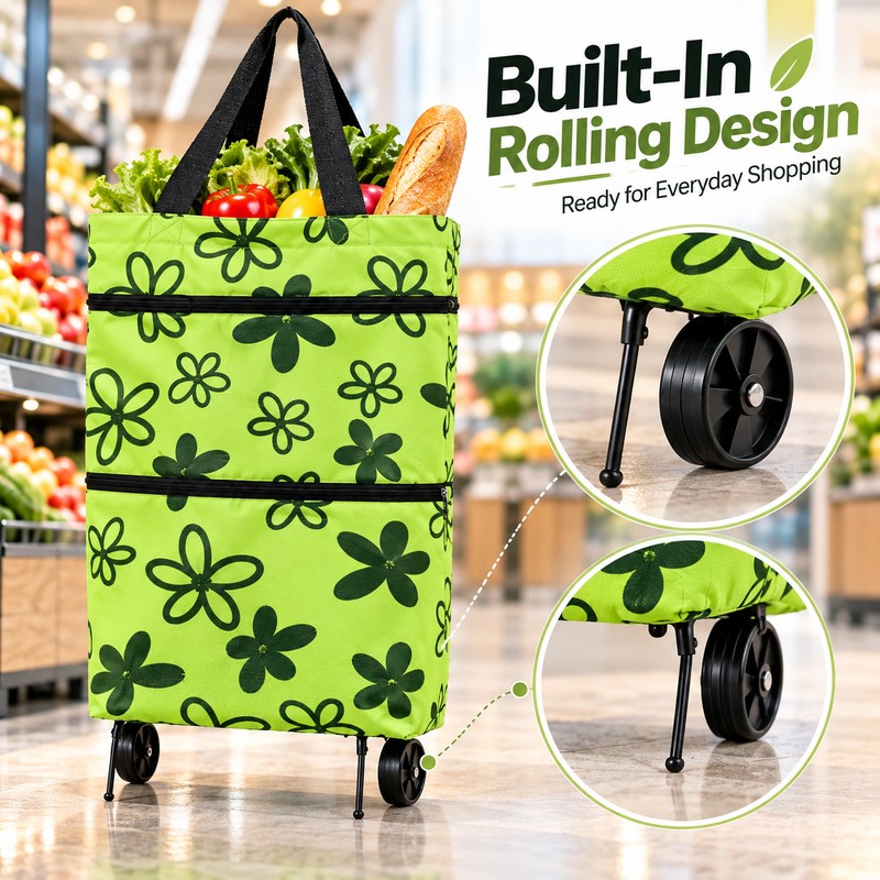Foldable Wheeled Shopping Bag for Groceries – Expandable Tote-to-Rolling Design