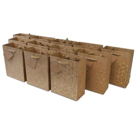 Geometric Pattern Kraft 12 Gift Bags with Jute Handles and Hang Tag Shopping Bag or Gift Bag for Birthdays, Baby Showers, Party Favors and Any Occasion (7.5x3.5x9)