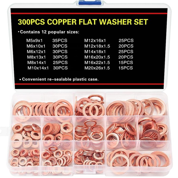 300 PCS Copper Sealing Rings Assortment Set, 12 Sizes Copper