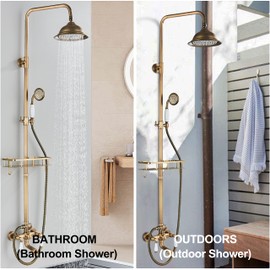 Gmusre Antique Brass Shower System Outdoor Shower Fixtures with 8 Inch Rain Shower Head and Double Cross Handles Bathroom Shower Faucet Set