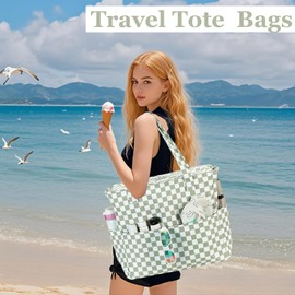 LEDAOU Large Beach Bag with Zip Women's Waterproof Shoulder Bag Tote Bag Shopper Sandproof with Zip Pool Fitness Travel Bag Family, Grass Green White, Utility