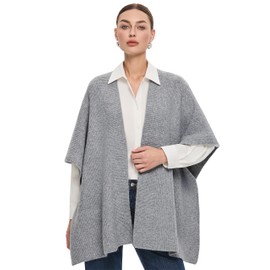 PULI Womens Light Heather Gray Open Front Shawl Wraps Casual Chunky Warm Capes Ribbed Knit Poncho Travel Sweater for Fall Winter