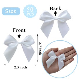 Hapforever 50pcs Mini White Bows for Gift Wrapping, 2.5 Inch White Satin Ribbon Bows Small White Twist Tie Bows with Double - Sided Tape for Treat Bags Premade Bows for Baby Shower Wedding Decorations
