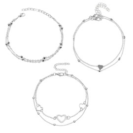 Dszemie Anklets for Women, Heart Pendant Silver Anklets Chains for Women Ankle Bracelet Adjustable Double Layered Leg Chain 3PCS Boho Ladies Anklets Holiday Beach Anklet Jewelry for Girls (Silver)