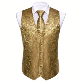 Barry.Wang Mens Paisley Gold Waistcoat Flower Jacquard Silk Formal Vest Set for Party Tuxedo
