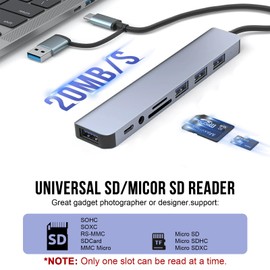 USB C Hub for Laptop, EFFIET 8 in 1 USB 3.0 Hub, with 5 USB Port TF/SD Card Reader, DC Port USB Splitter for PC, USB Extender for PC Laptop, MacBook iMac Air, Aluminum