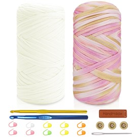 Tshirt Yarn Crochet Kit 2x200g Chunky Yarn for Crocheting with 6mm & 10mm Hooks + Accessories, Rich Color Combinations - Suitable for Beginners, Ideal for Making Bags, Home Decor（White-2）