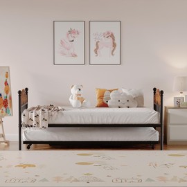 Daybed with Trundle, Metal Twin Size Day Bed with Stylish Headboard, Sofa BedFrame with Pop Up Foldable Trundle Bed, Heavy Duty Steel Slats Platform for Living Room, Bedroom and Guest Room, Brown