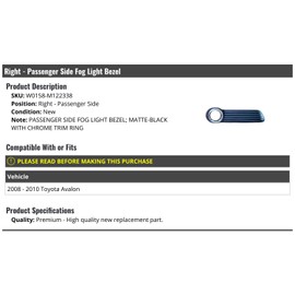 Right Passenger Side Fog Light Bezel - Matte Black with Chrome Trim Ring - Compatible with 2008-2010 Toyota Avalon