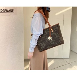 MKF Collection Tote Bag for Women, Shoulder Handbag & Wristlet Pouch Purse Top Handle Vegan Leather 4Pcs Set Pocketbook Alexy Brown by Mia k