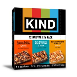 KIND Healthy Snacks Bars Variety Pack, Gluten Free, Low Sugar, High Fiber Snacks, Dark Chocolate Nuts & Sea Salt, Peanut Butter Dark Chocolate, Caramel Almond & Sea Salt, 6-7g Protein, 12 Count