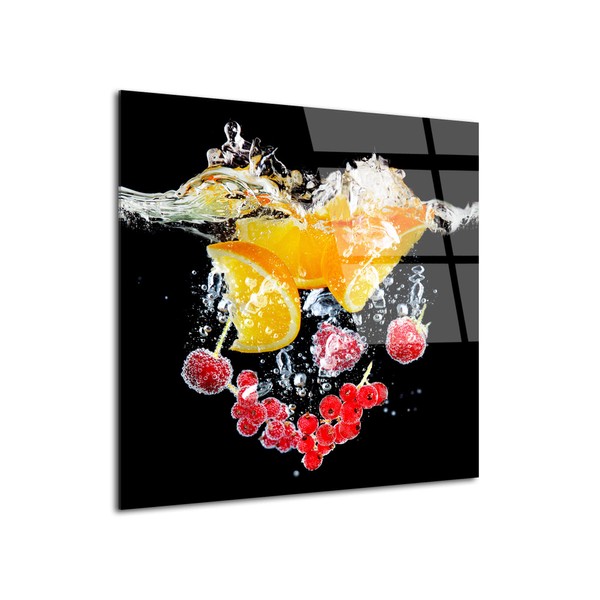 DECLINA Tableau plexi, impression sur verre Acrylique, Tableau mural, Décoration moderne, Cadre plexiglass Bain d'orange et Fruits rouges, 50x50 cm