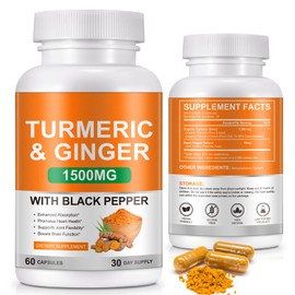 Turmeric Curcumin Supplement with Black Pepper Extract 1500mg, 100% Natural Turmeric & Ginger Dietary Capsule, 60Capsules