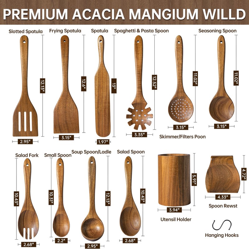 18 PCS Acacia Wooden Spoons for Cooking - Heat-Resistant, Comfort