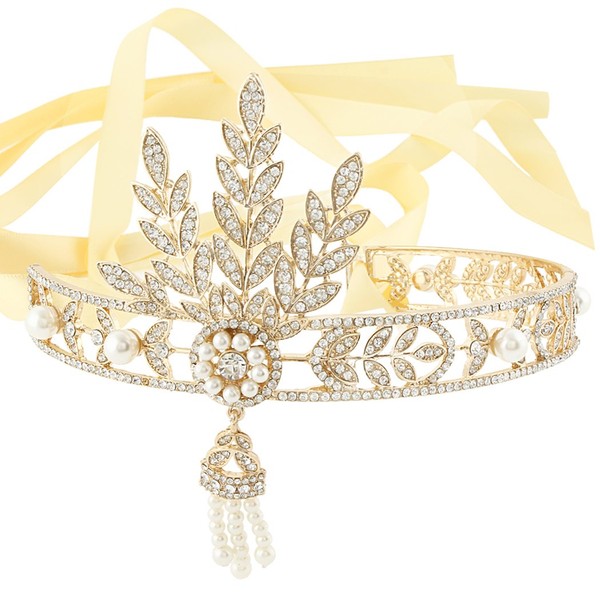 EVER FAITH Movie Inspired Cream Simulated Pearl Art Deco Bridal Headband Tiara Gold-Tone